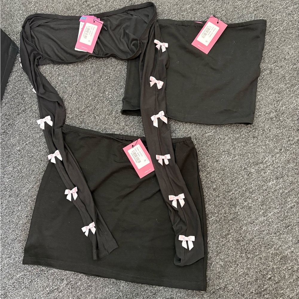 Edikted Black Mini Skirt Set with Pink Bow Trim